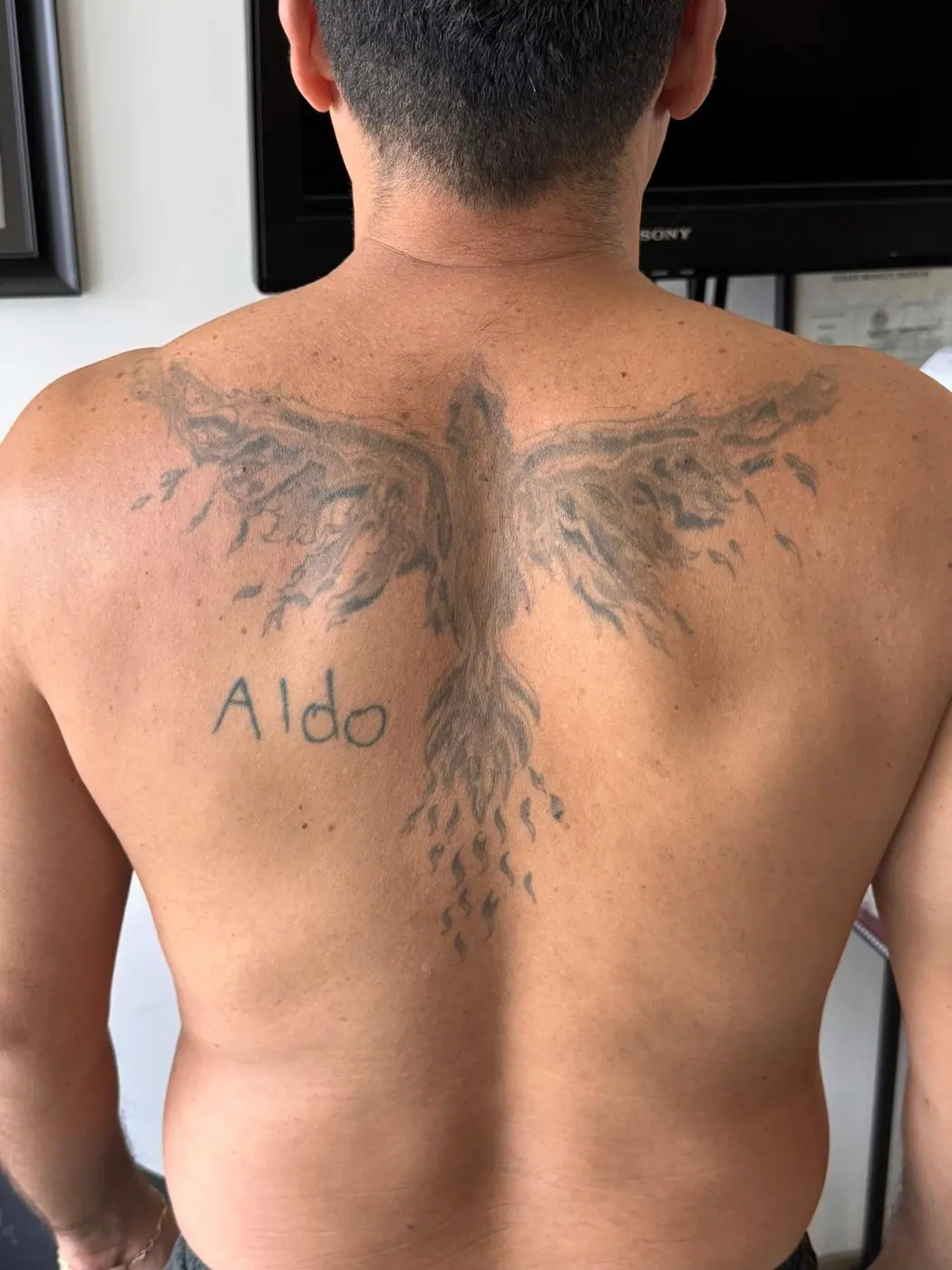 Antes: fénix desvanecido en la espalda, líneas difusas y sin contraste