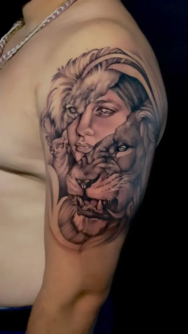 Rostro, león y venado — composición fantástica